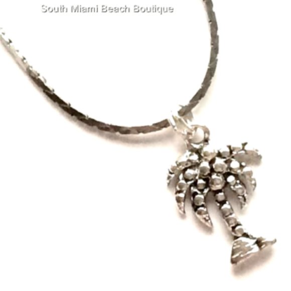 Silver Palm Tree Necklace 18" Island Beach Coconut Rhodium Plated Pendant - Picture 2 of 9